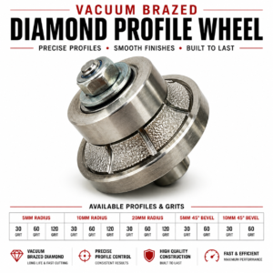 Vacuum brazed diamond hand grinder profile wheel for radius and 45° bevel edge profiling